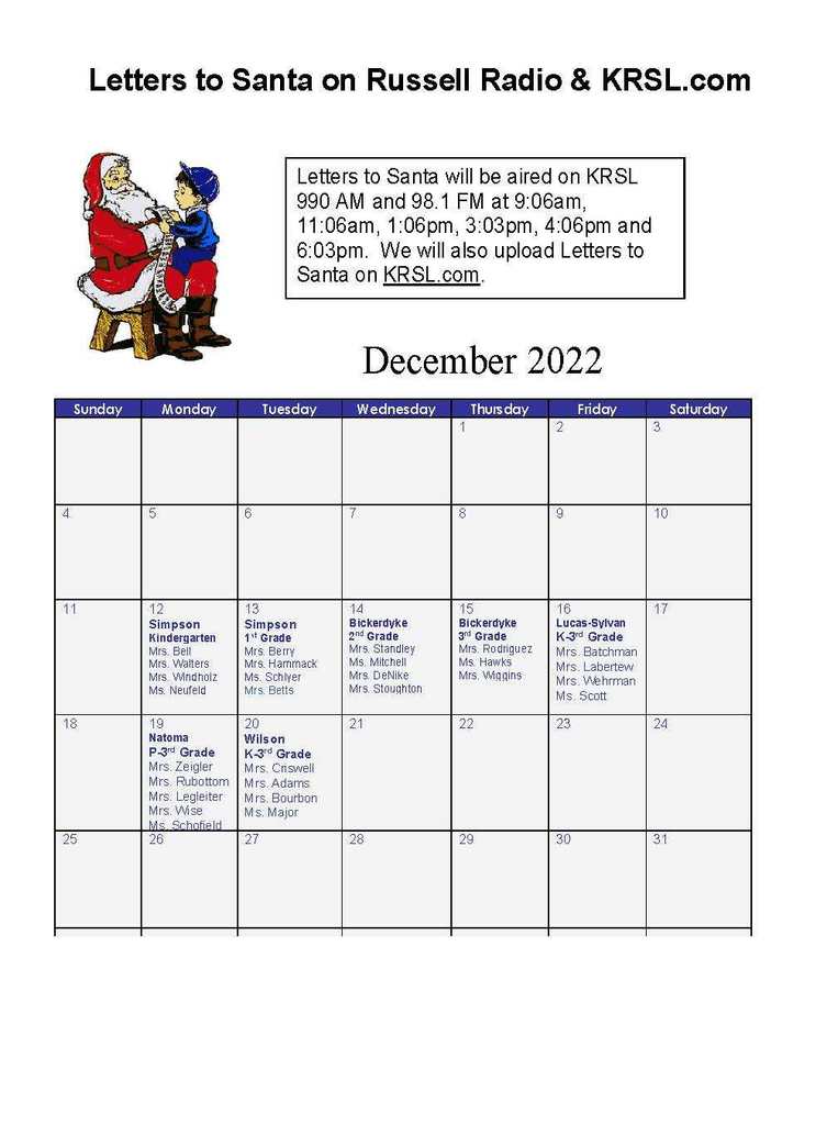 Letters to Santa Schedule